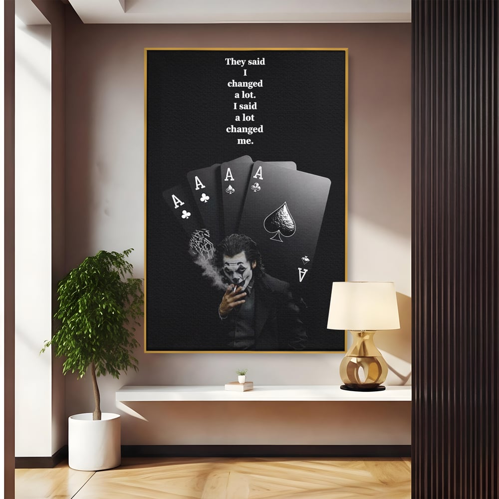 Tablou canvas cu tablou motivational cu joker si carti de joc, in rama de aluminiu auriu